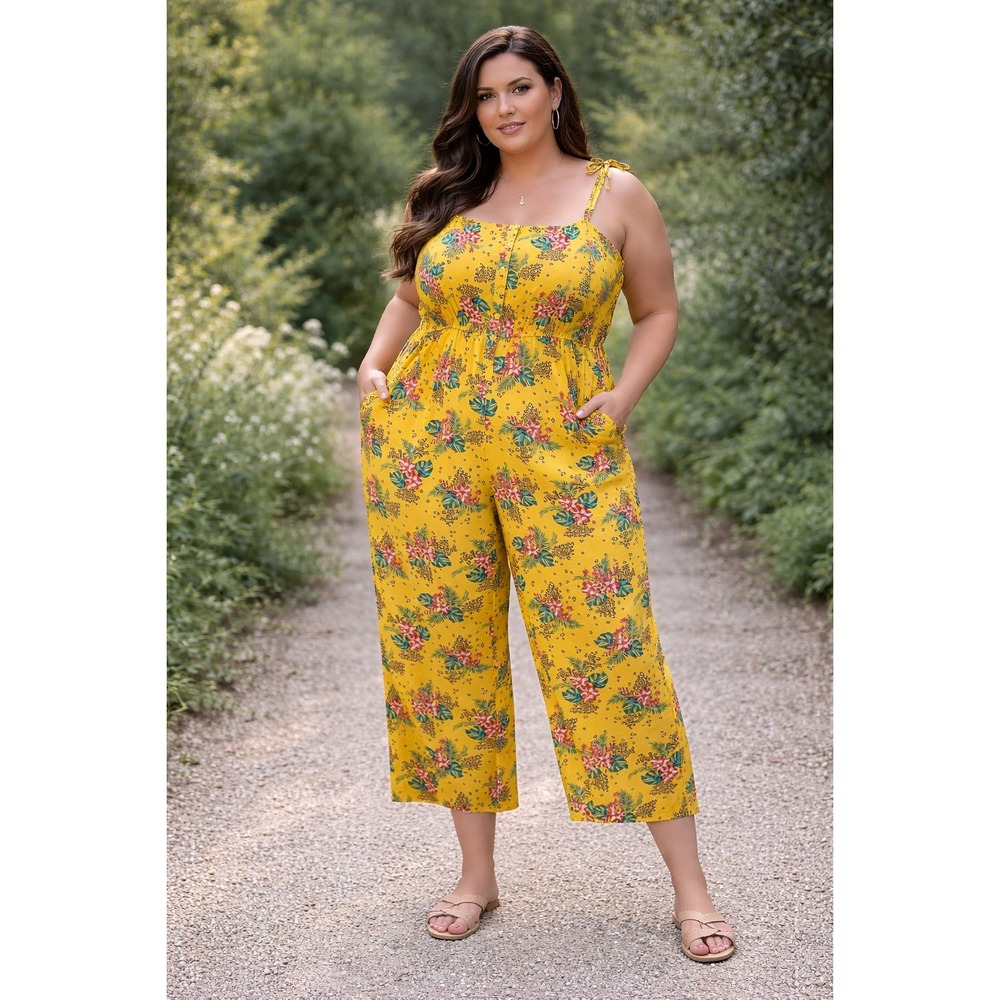 Love by Chesley Yellow Tropical Floral Leopard Print Jumpsuit 3X Rayon Womens
